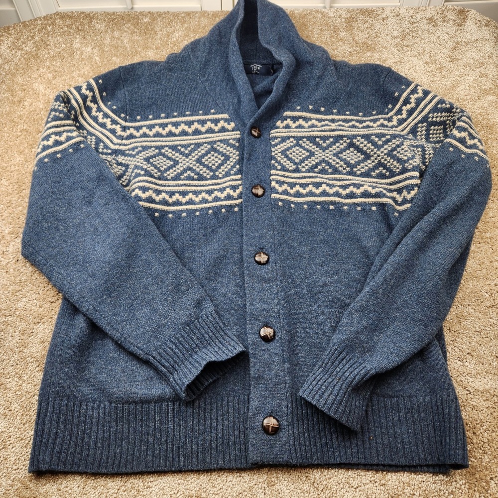 J.Crew Men Blue 100% Lambswool Fair Isle Shawl Collar Cardigan Sweater L Grandpa